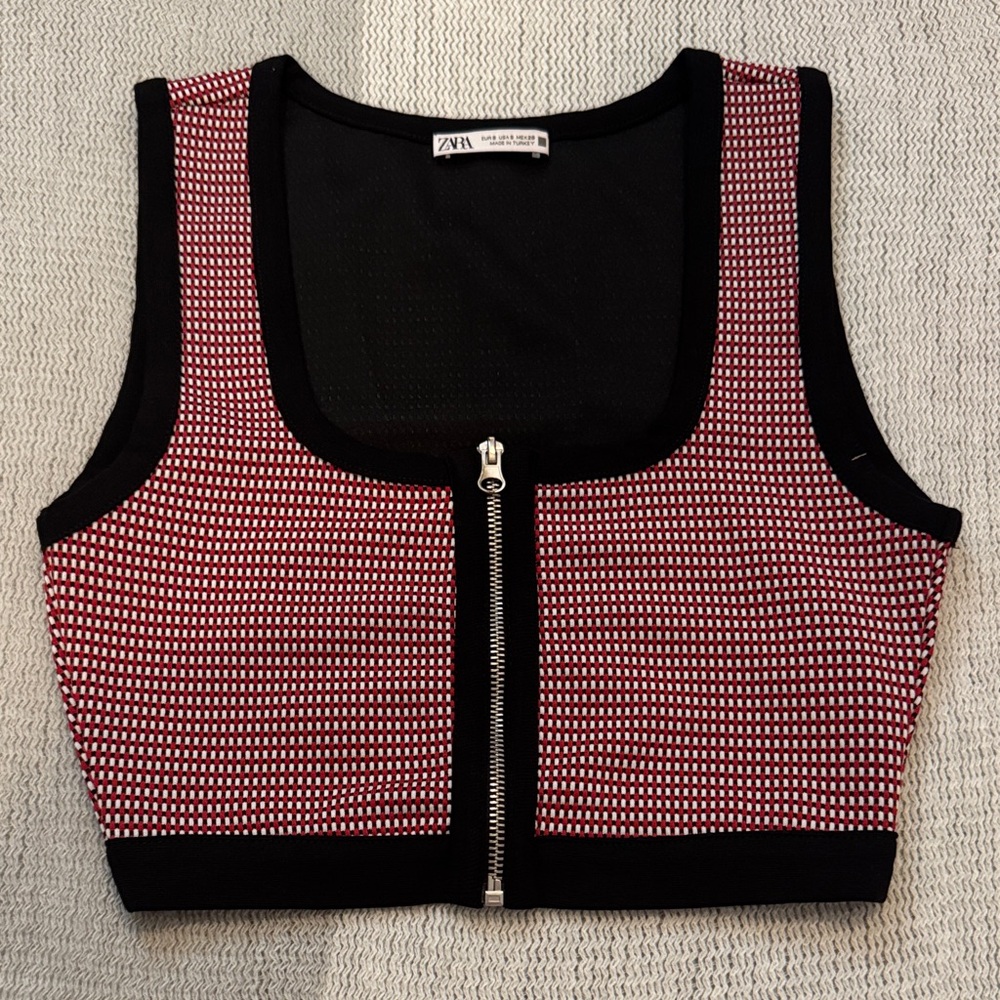 Zara Black-Trim Red & White Check Zip Cropped Tank